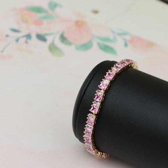 "Rose Gold Tennis Bracelet with Pink Square CZ Stones, Elegant Design, XPBL0740 - Picture 8 of 12